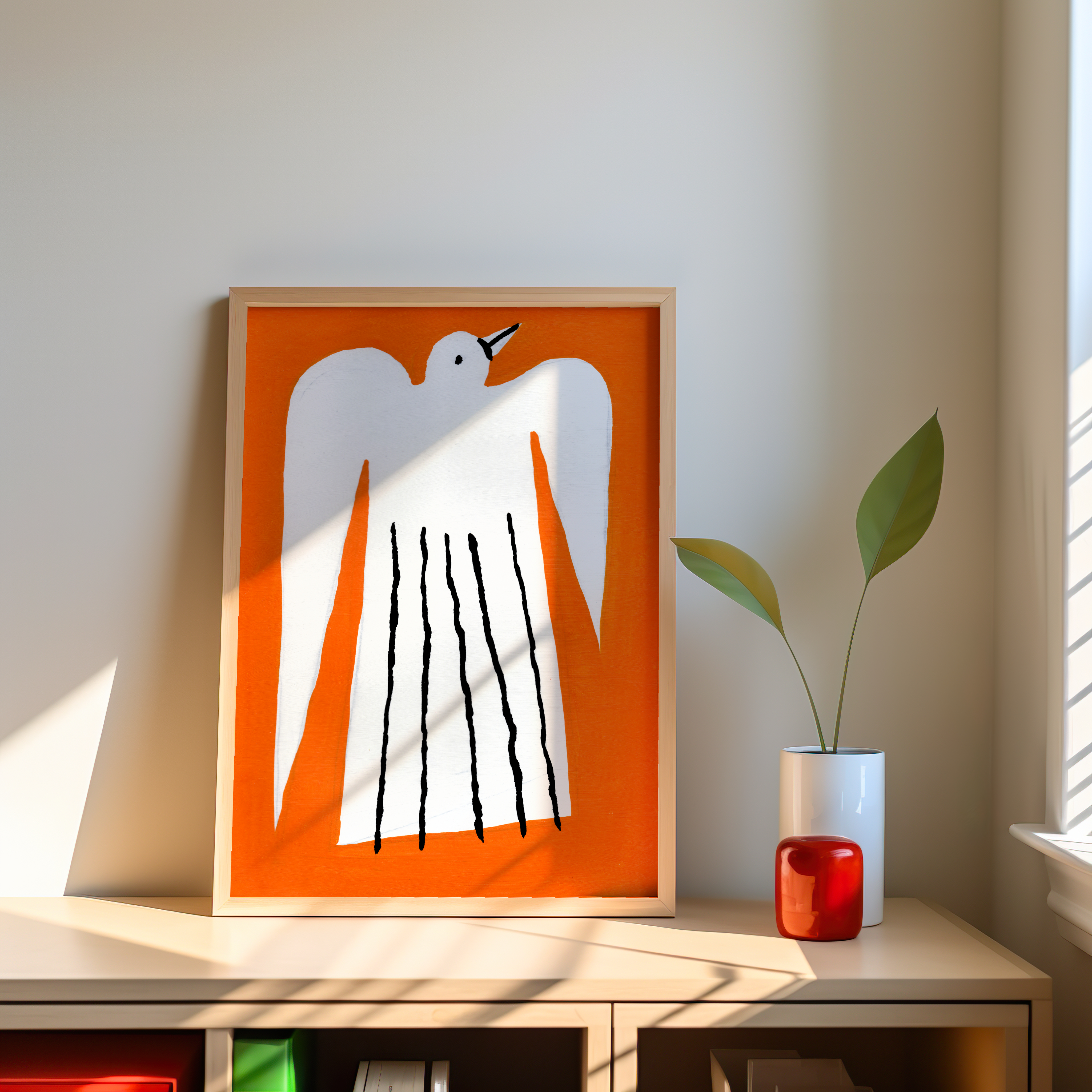 A bright room with sunlight illuminating a framed illustration of a stylized white bird set against an orange background. The art for sale is displayed on a light wooden shelf with a potted plant and a small red glass container beside it.